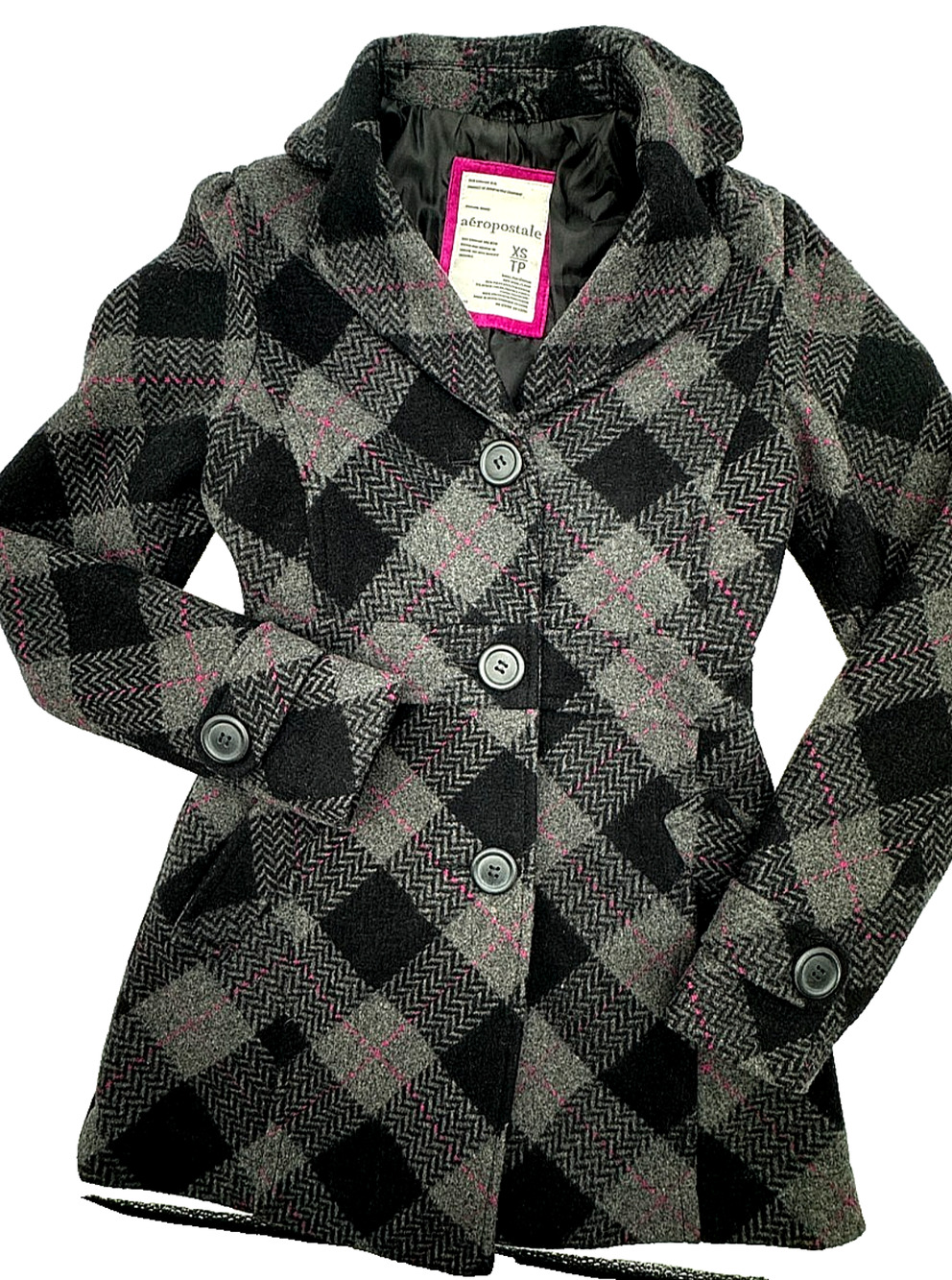 Aeropostale Womens XS Wool Blend Plaid Peacoat Gray Black Pink Fitted Jacket
